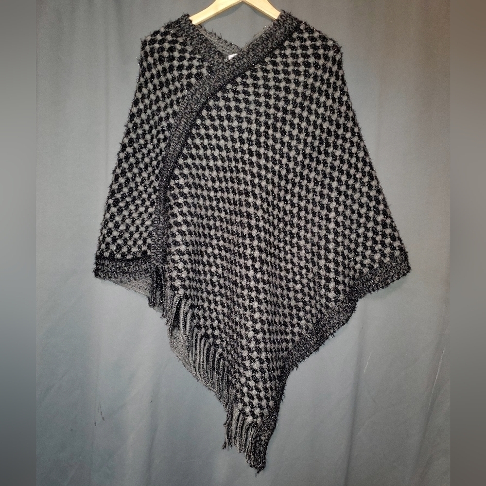 Gray Black Glitter Fringe Poncho Arianna by Howards O/S